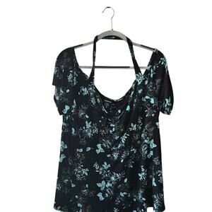 Torrid Women's Black Floral Teal Short Sleeve Cut Out Back Blouse 3 20/22 Top